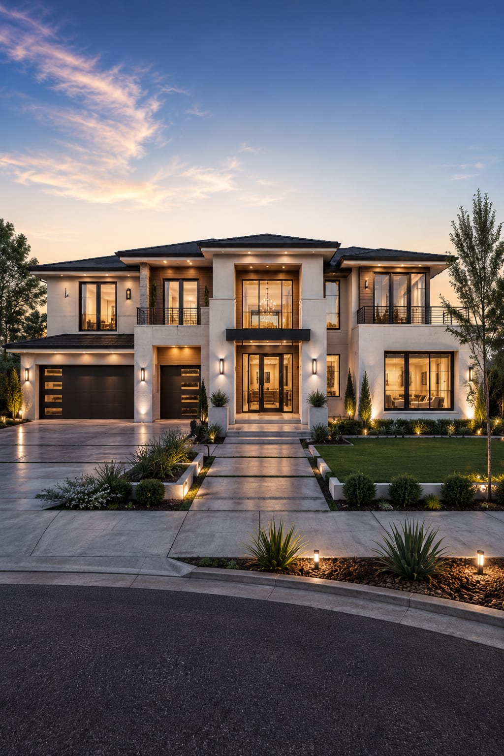 Luxury stucco home at dusk